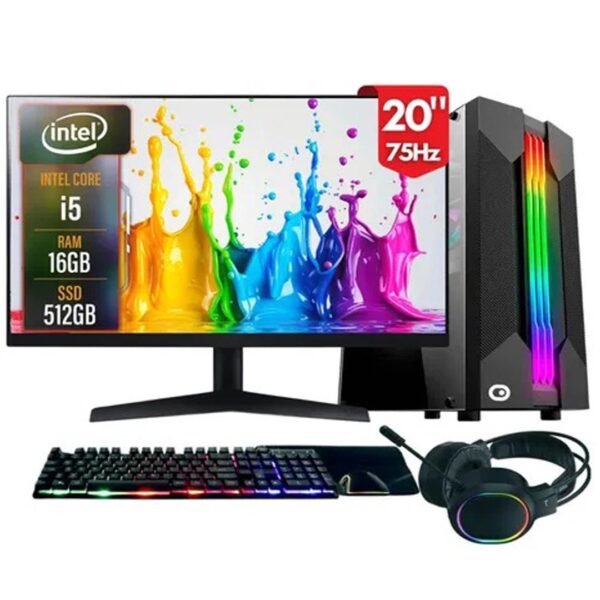 Computador Gamer completo Intel Core i5, 16GB RAM, SSD 512GB, Monitor 20